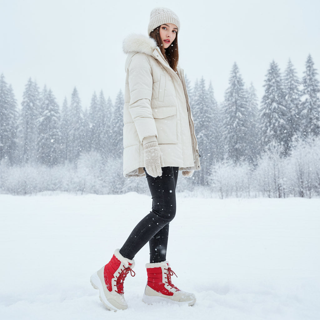 Vue de face des bottes d’hiver femme montantes, modèle chaud et confortable.rouge1