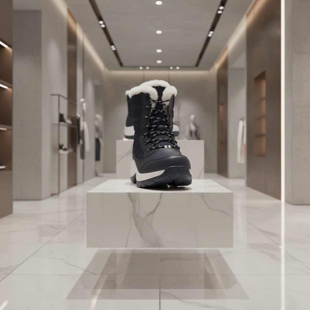 Vue de face des bottes d’hiver femme montantes, modèle chaud et confortable.bleu