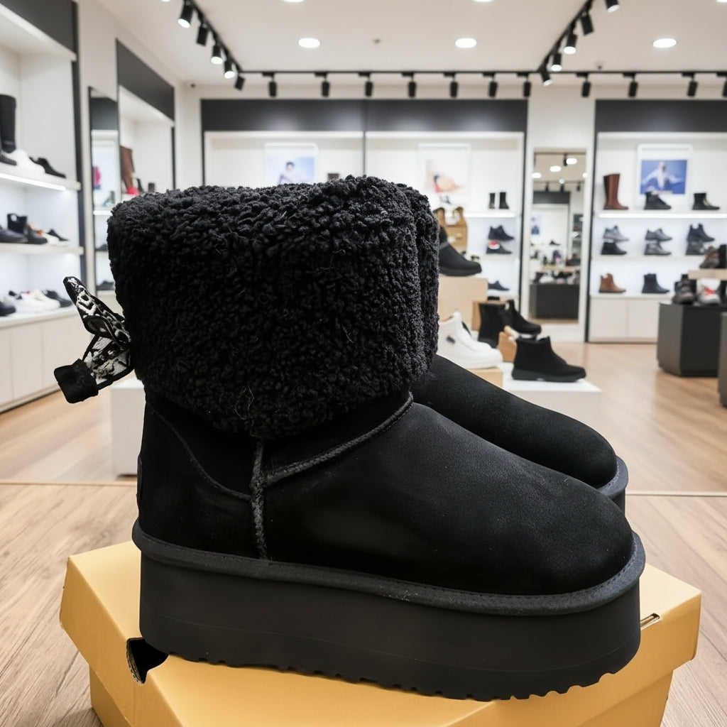 Bottes d’hiver femme en shearling premium, bottines épaisses et luxueuses, snow boots fourrées en peau de mouton.Noir