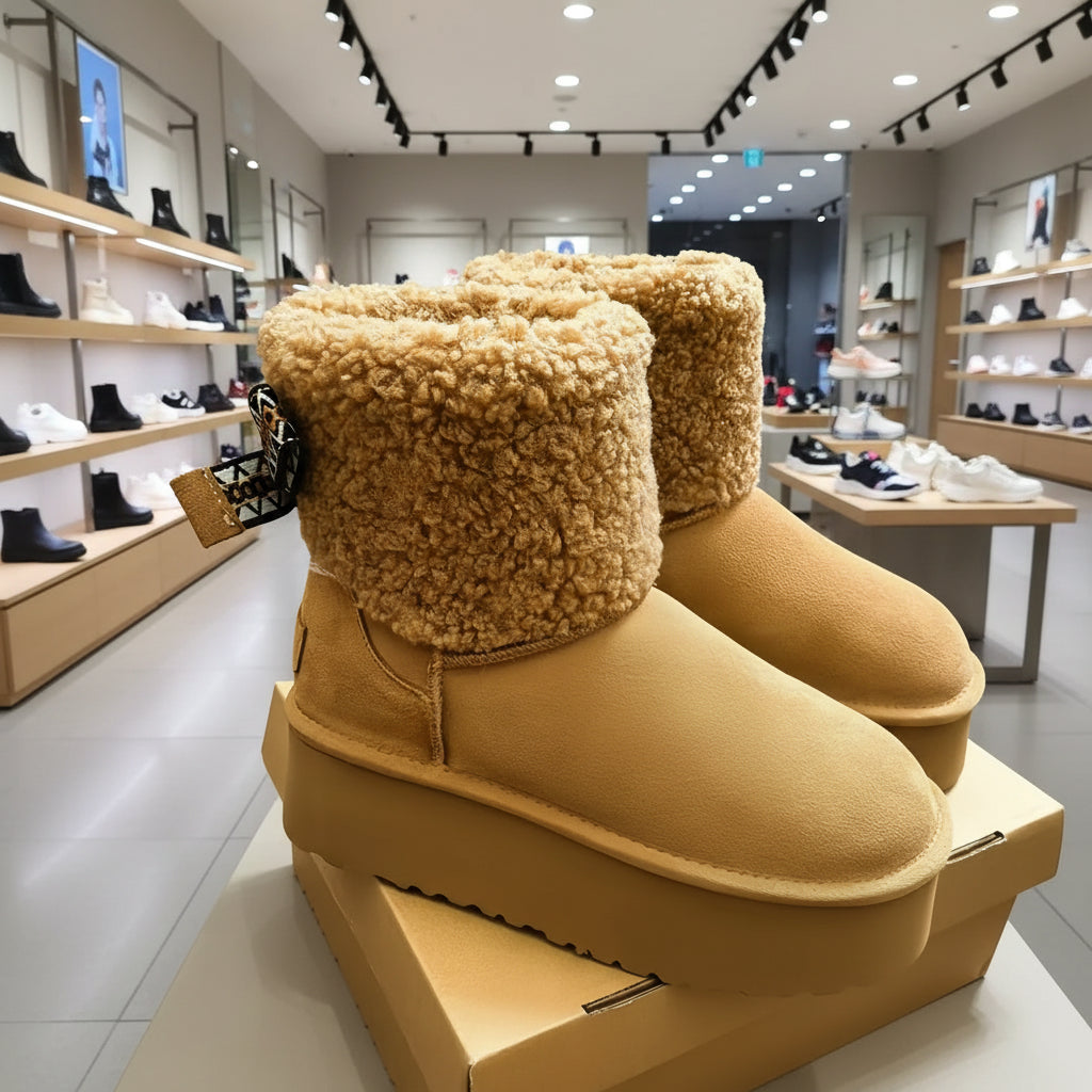 Bottes d’hiver femme en shearling premium, bottines épaisses et luxueuses, snow boots fourrées en peau de mouton.Marron