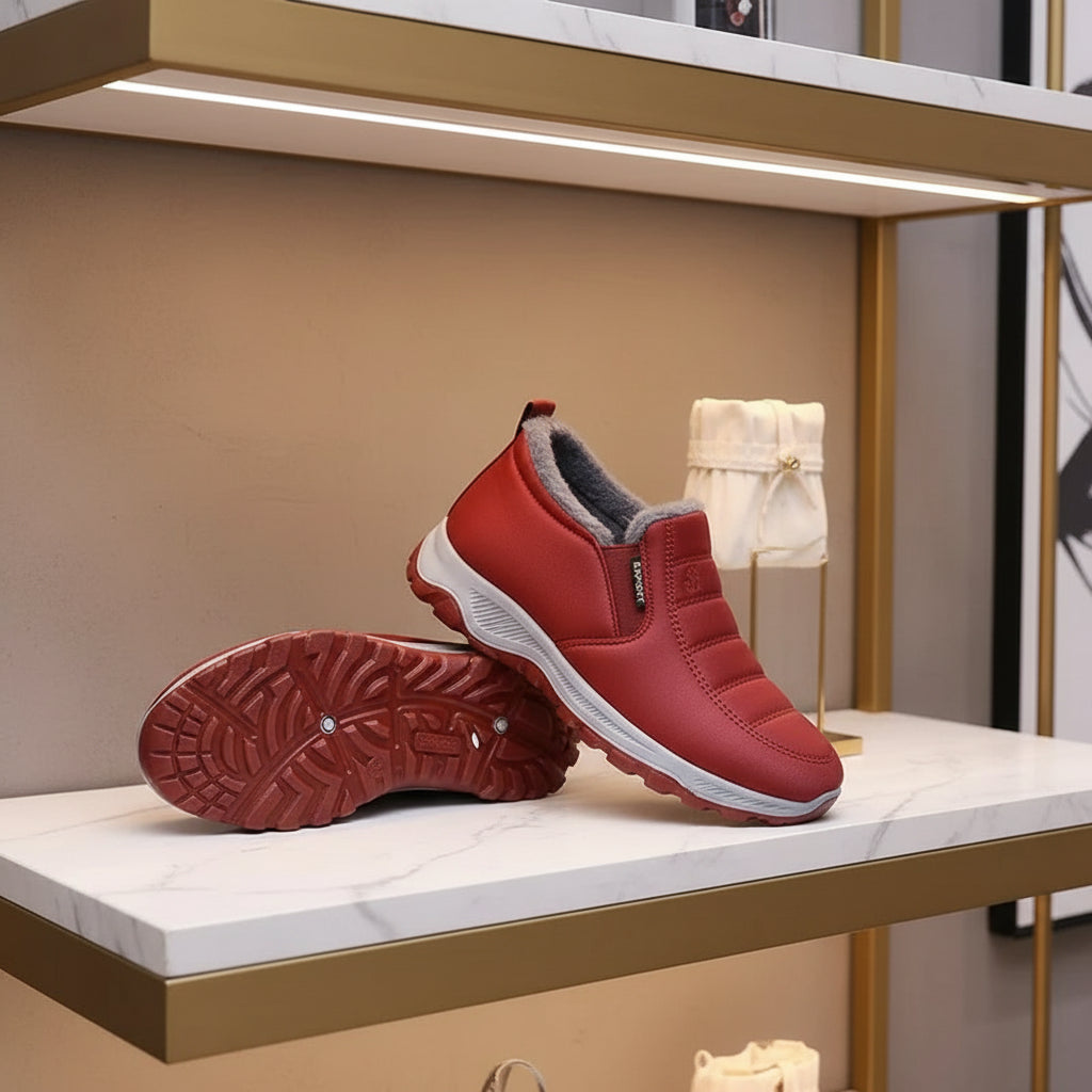 Vue de dos des bottes d’hiver femme imperméables en suédine, design chaud et confortable.