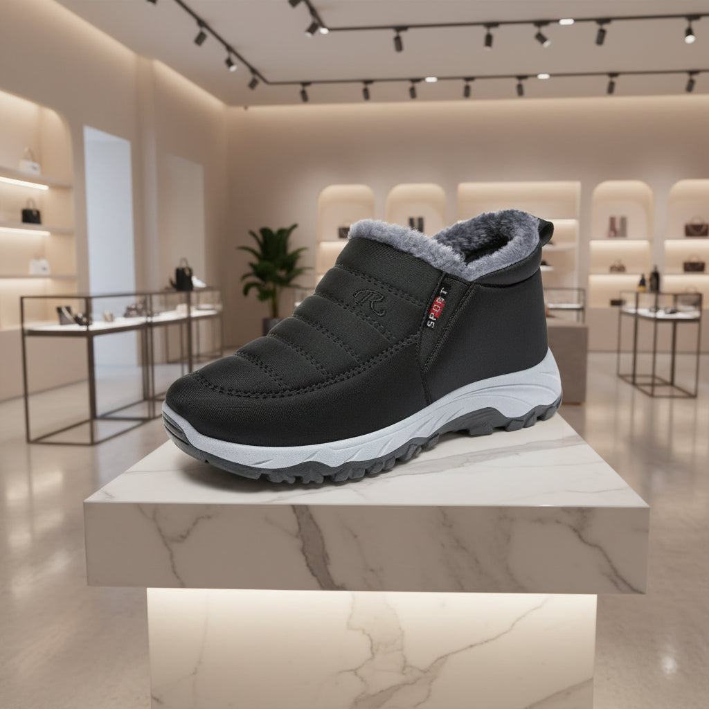 Vue de face des bottes d’hiver femme en suédine, modèle court et chaud.