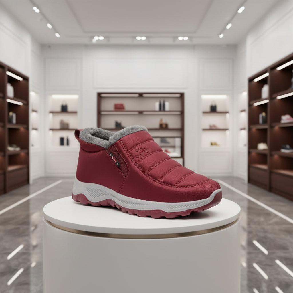 Vue de face des bottes d’hiver femme en suédine, modèle court et chaud.ROUGE