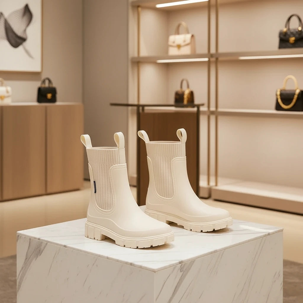 Bottes de pluie femme mi-mollet en PVC imperméable, plateforme antidérapante et bout rond pour un style waterproof élégant.Gris