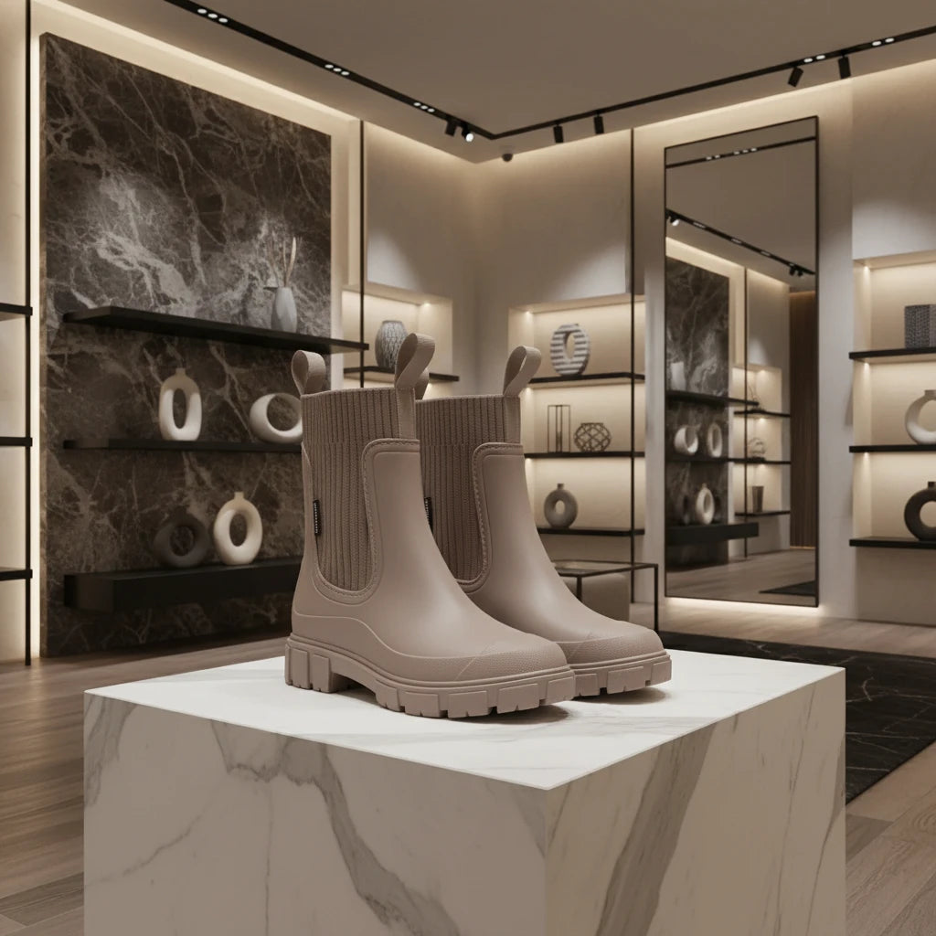 Bottes de pluie femme mi-mollet en PVC imperméable, plateforme antidérapante et bout rond pour un style waterproof élégant.marron clair 
