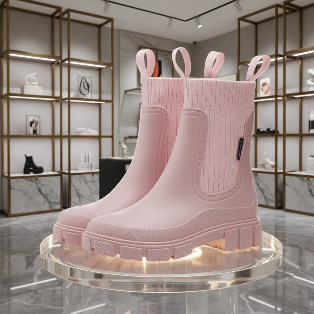 Bottes de pluie femme mi-mollet en PVC imperméable, plateforme antidérapante et bout rond pour un style waterproof élégant.Rose