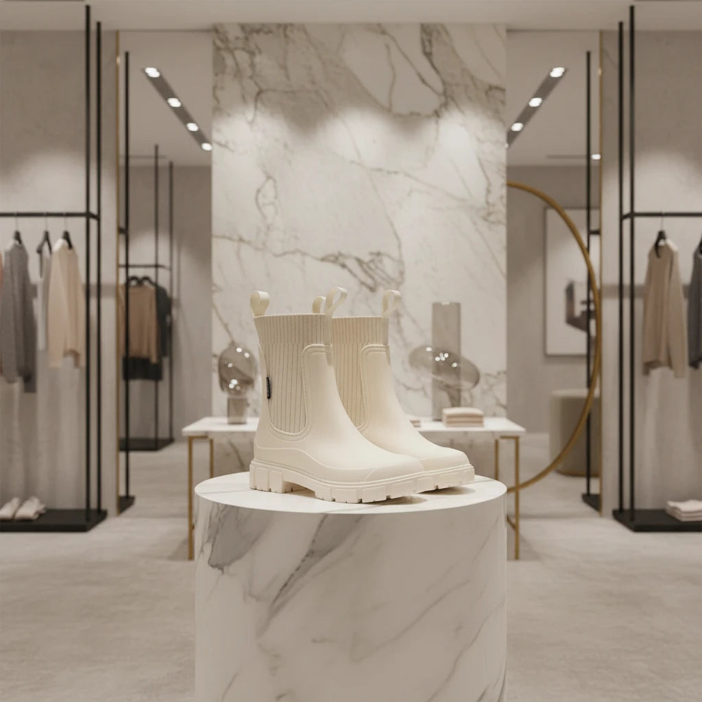 Bottes de pluie femme mi-mollet en PVC imperméable, plateforme antidérapante et bout rond pour un style waterproof élégant.Blanc