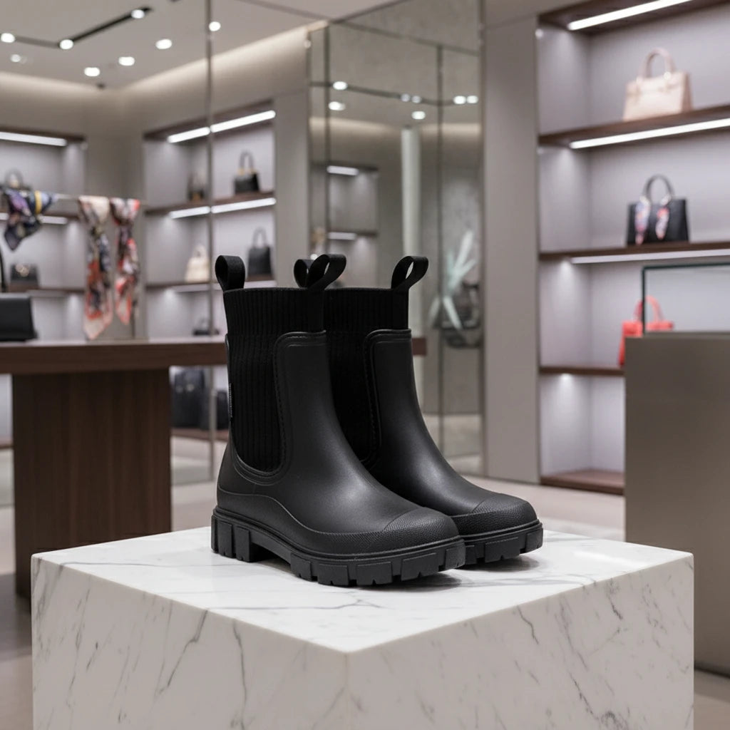 Bottes de pluie femme mi-mollet en PVC imperméable, plateforme antidérapante et bout rond pour un style waterproof élégant.noir