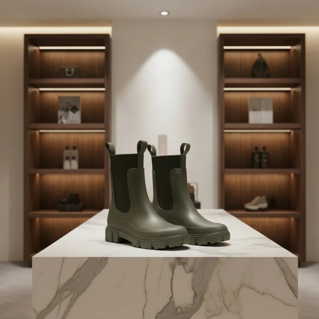 Bottes de pluie femme mi-mollet en PVC imperméable, plateforme antidérapante et bout rond pour un style waterproof élégant.
Vert