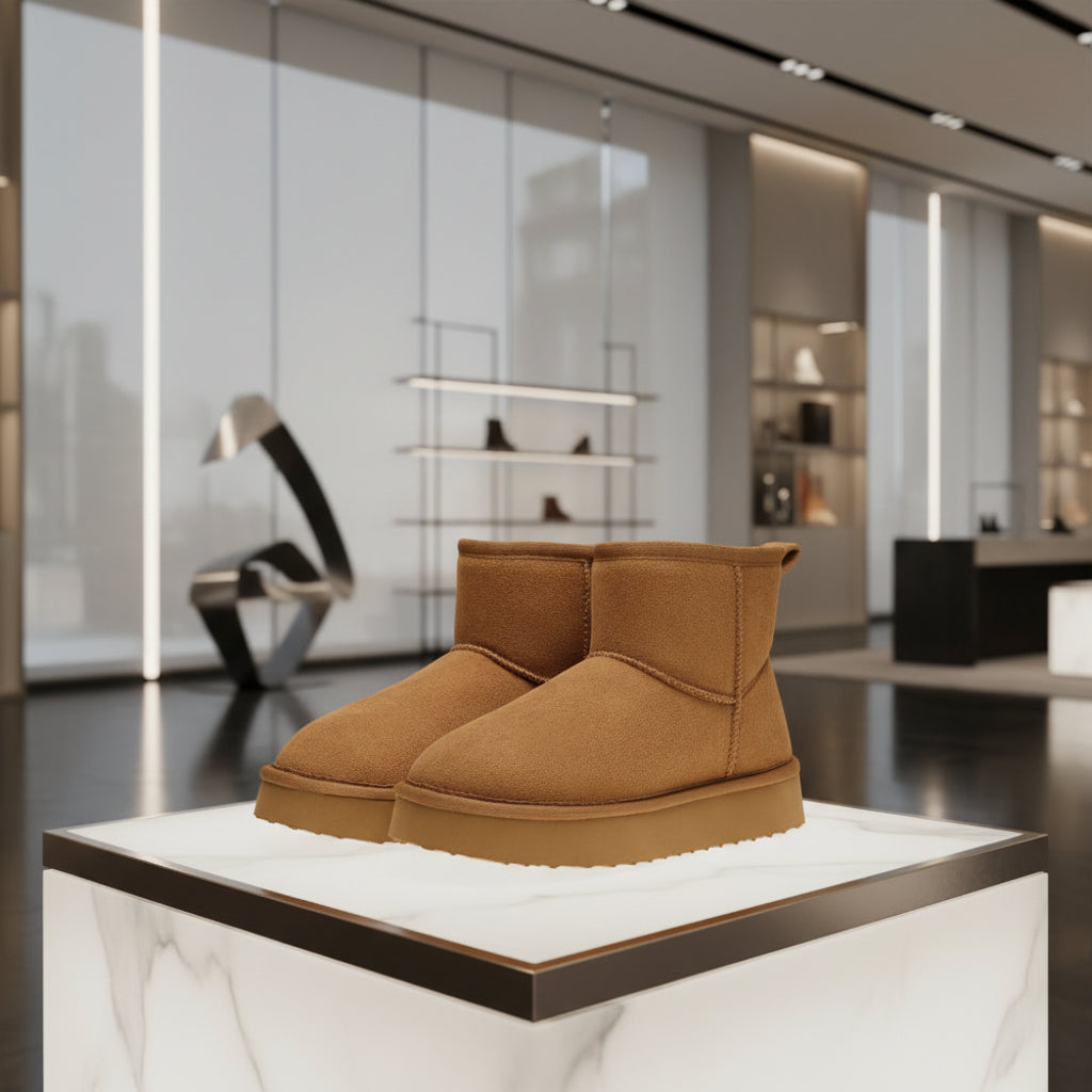 Détail de la suédine premium des bottines d’hiver femme, texture douce et élégante.Marron