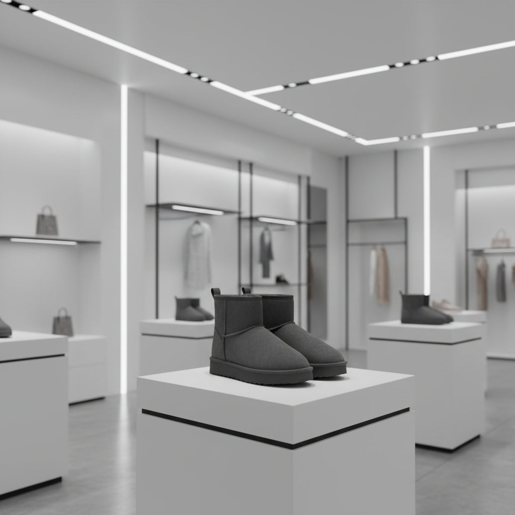 Détail de la suédine premium des bottines d’hiver femme, texture douce et élégante.gris