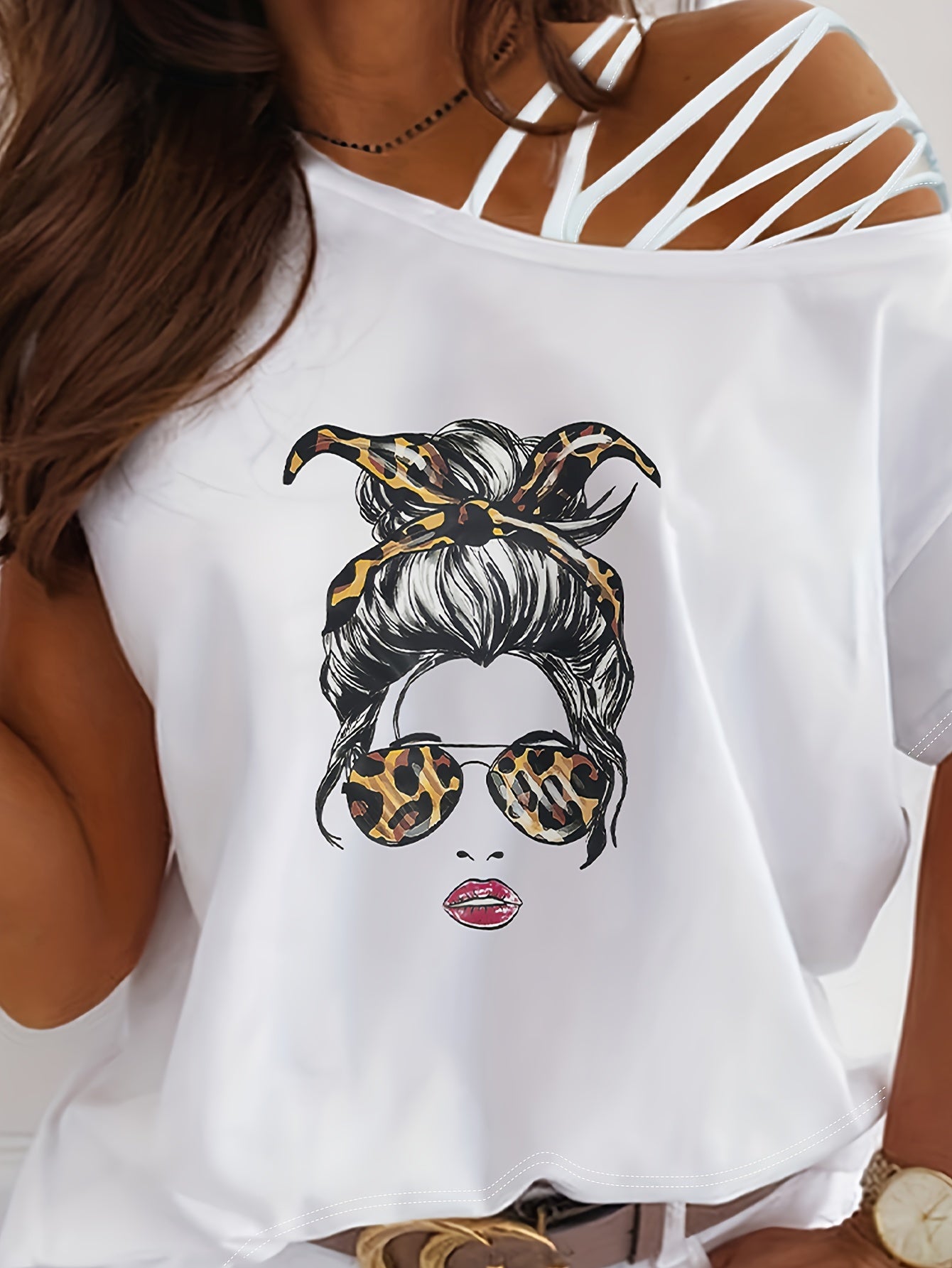 T-shirt femme imprimé “NOPE” – col rond, manches courtes à lanières, style décontracté pour le printemps & l’été