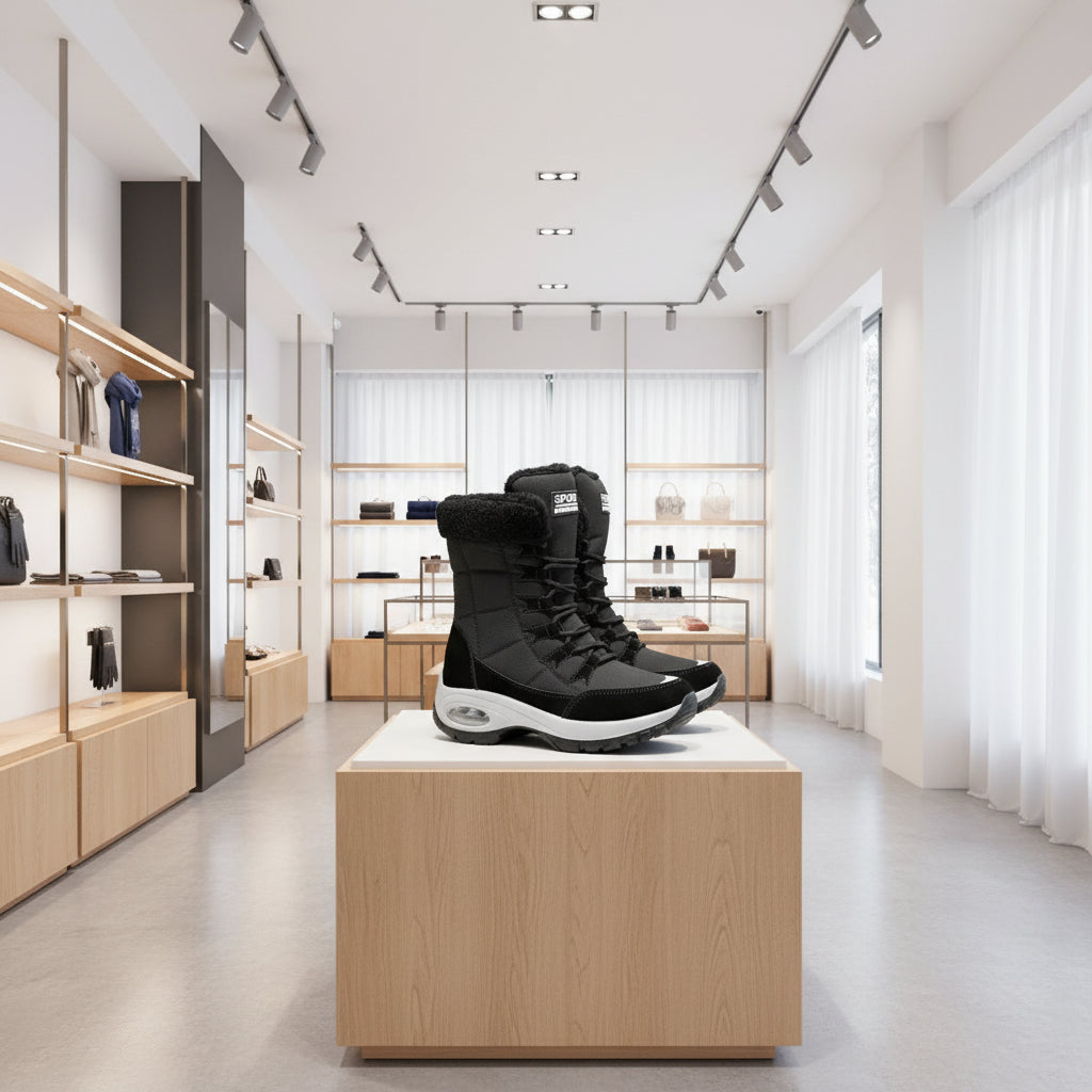 Détail de la fourrure intérieure des cuissardes d’hiver femme, chaleur renforcée.