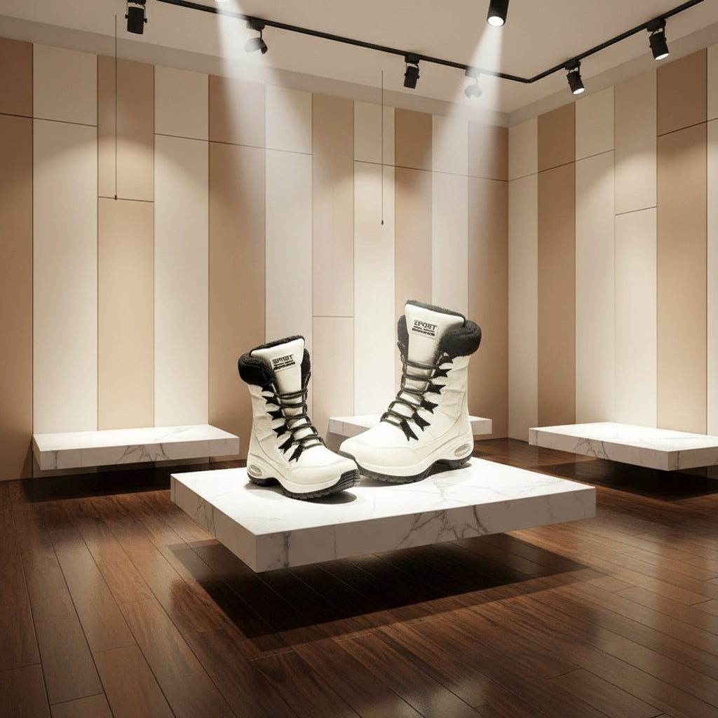 Zoom sur la semelle antidérapante robuste des cuissardes femme, adhérence optimale sur sol glissant.blanc