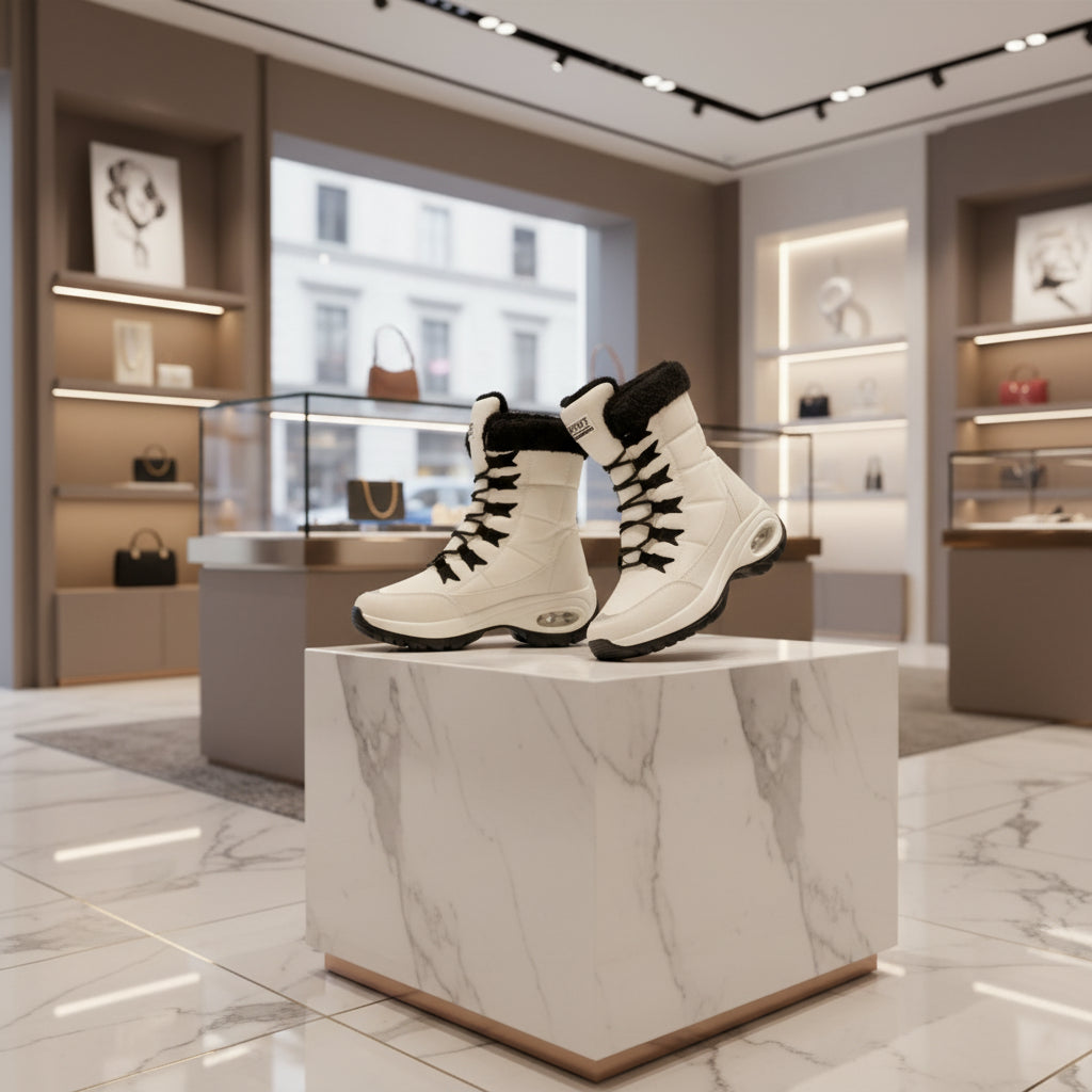 Vue de face des cuissardes d’hiver femme thigh high, plateforme chaude et design imperméable.Blanc