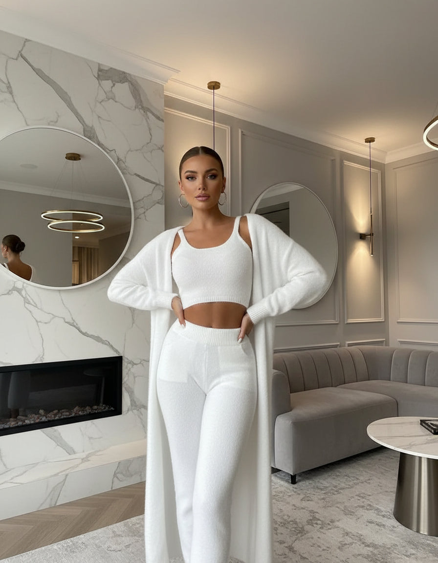 Ensemble cocooning 3 pièces pour femme en polaire douce, chaud et confortable pour maison et détente.blanc