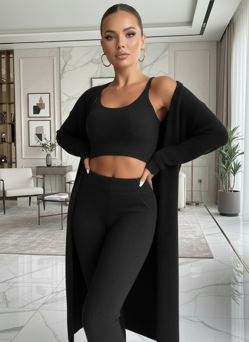 Ensemble cocooning 3 pièces pour femme en polaire douce, chaud et confortable pour maison et détente.noir