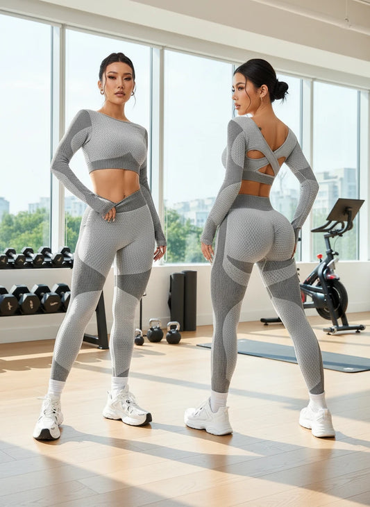 Ensemble de sport femme 2 pièces seamless respirant avec legging gainant et brassière ajustée pour yoga, fitness et course.Gris
