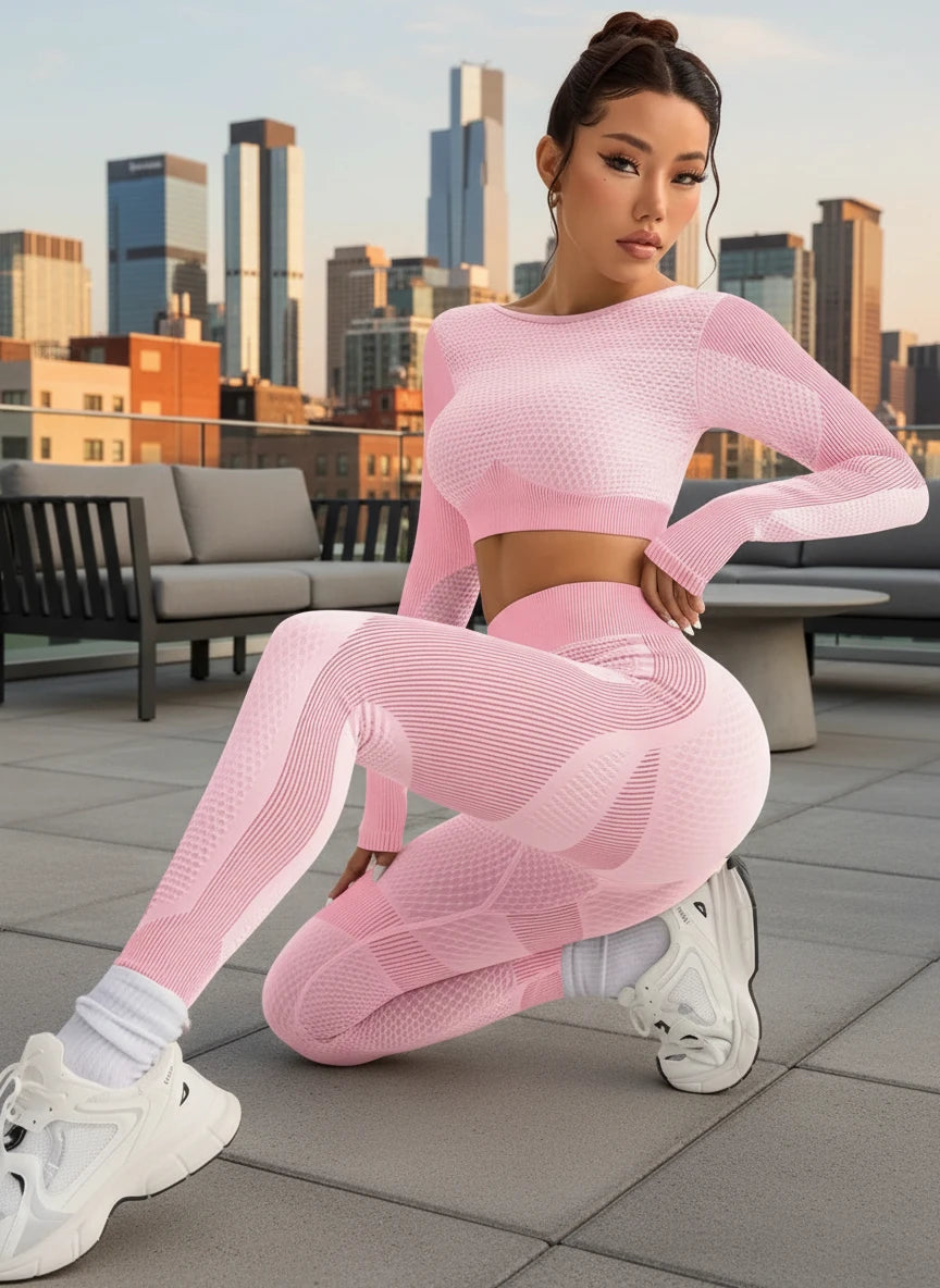 Ensemble de sport femme 2 pièces seamless respirant avec legging gainant et brassière ajustée pour yoga, fitness et course.Rose
