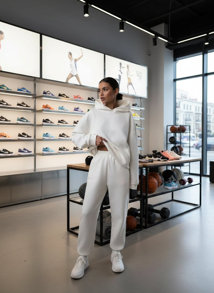 Ensemble de survêtement deux pièces pour femme, style sportif chic offrant un confort absolu au quotidien.blanc