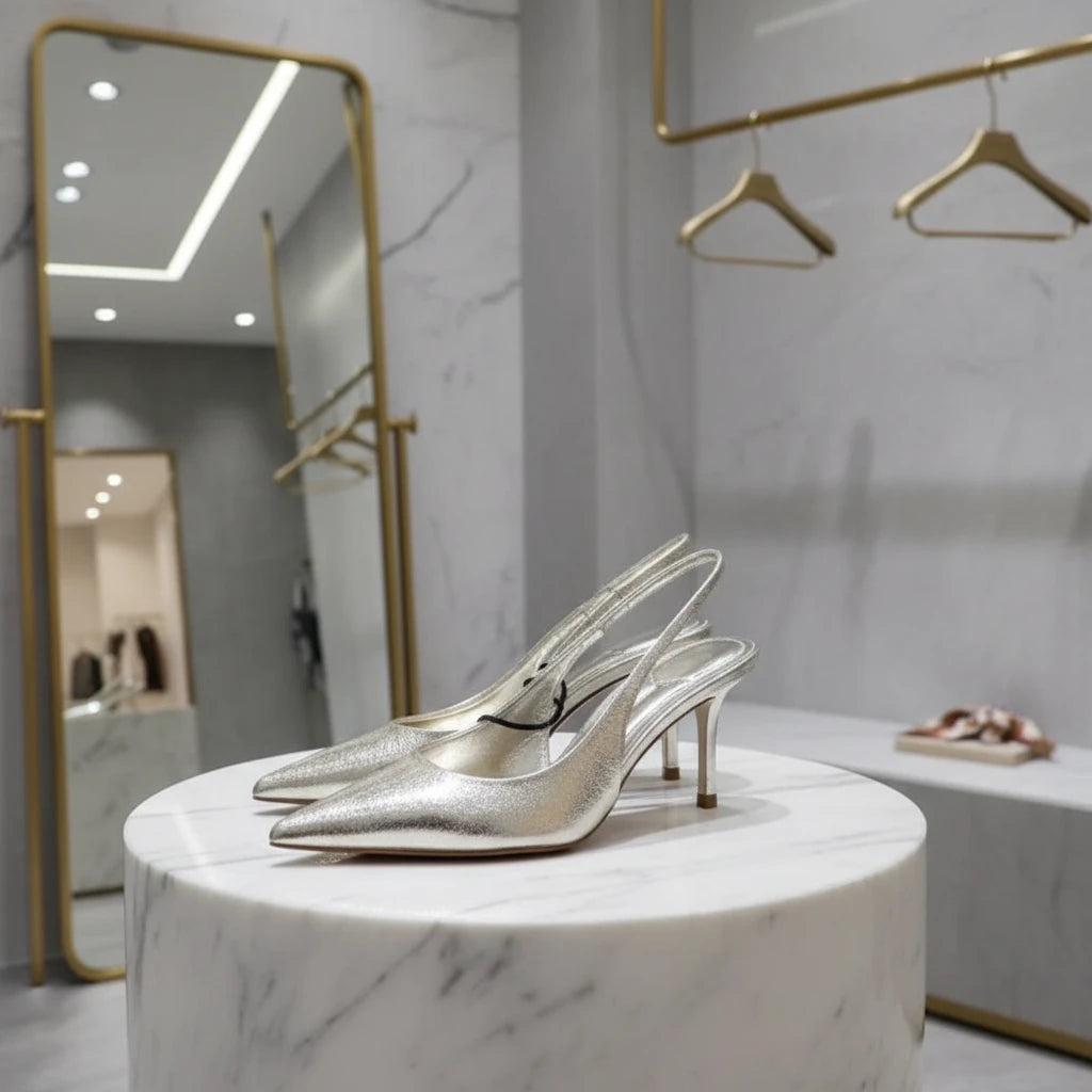 escarpins slingback femme talons hauts dorés, bout pointu, chaussures élégantes bureau et soirée.