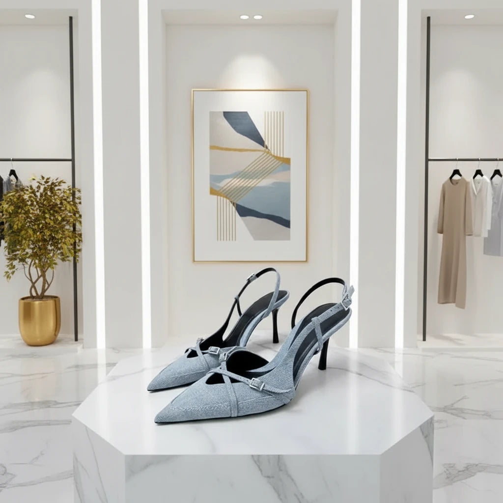 escarpins slingback femme à talons fins élégants, bout pointu et bride à boucle street style.