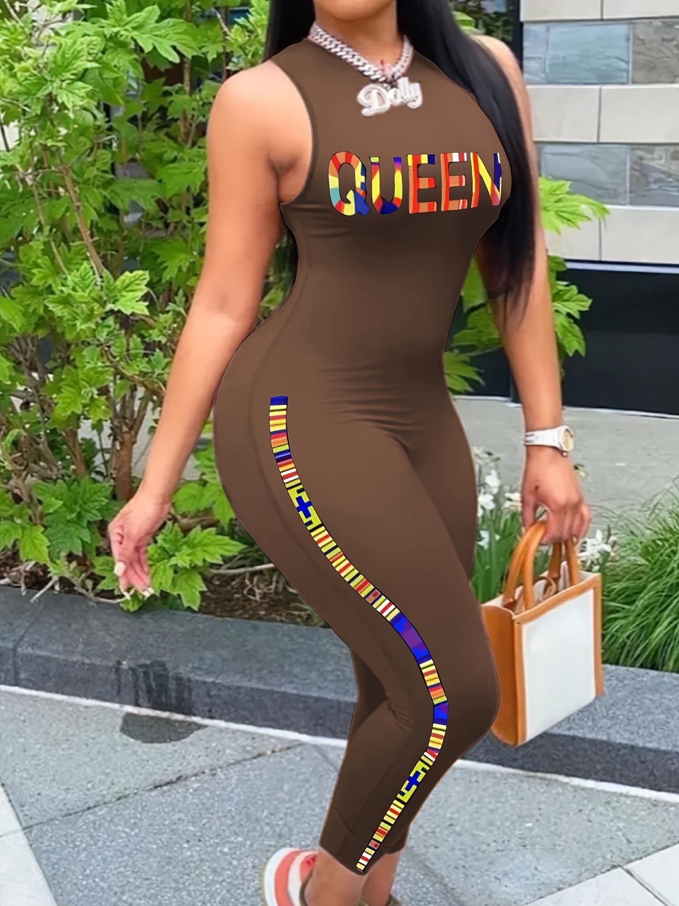 Combinaison femme “Queen” – combinaison moulante sans manches, look chic et décontracté pour le printemps et l’été