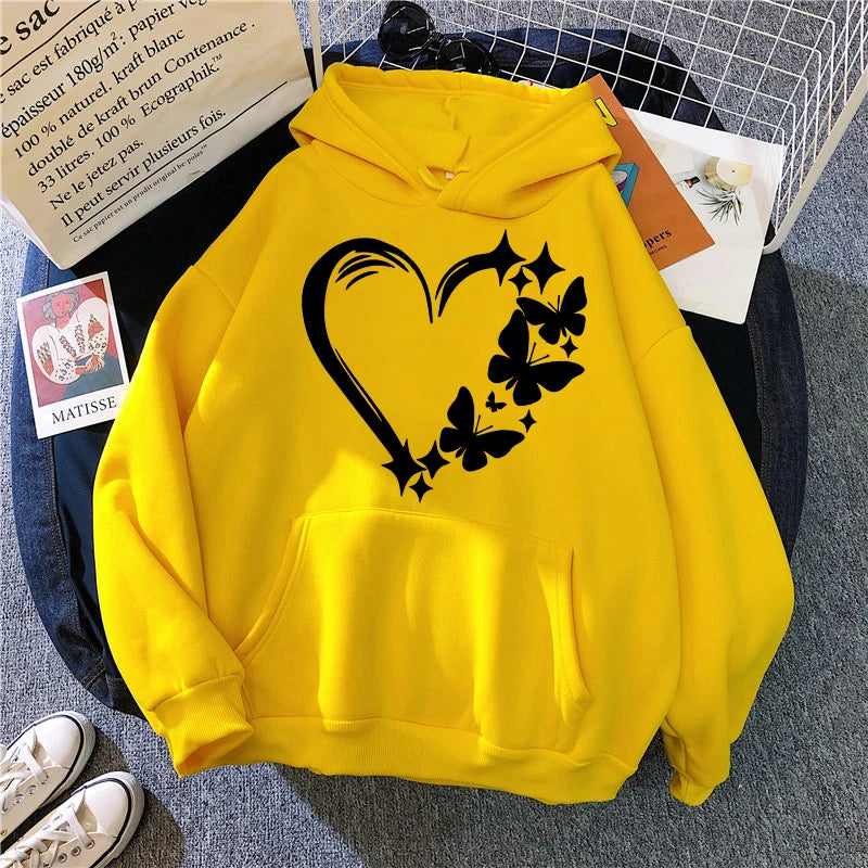 Sweat femme motif papillon love, jaune coupe Y2K esthétique