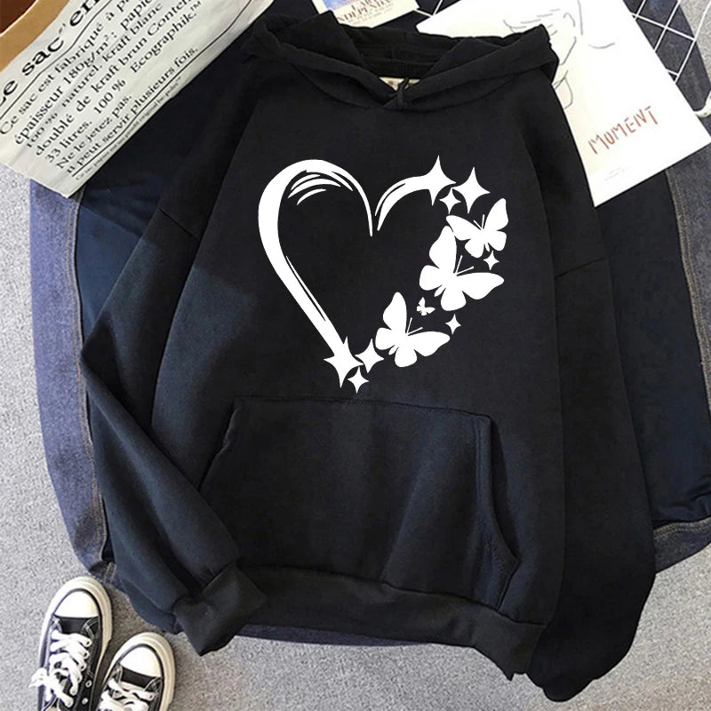 Sweat femme motif papillon love, noir coupe Y2K esthétique
