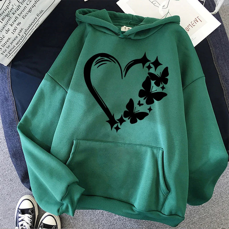 Sweat femme motif papillon love, vert coupe Y2K esthétique