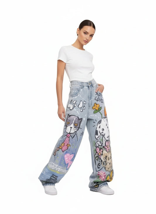 jean baggy femme Y2K en denim large avec imprimés doodle, coupe droite vintage high street.