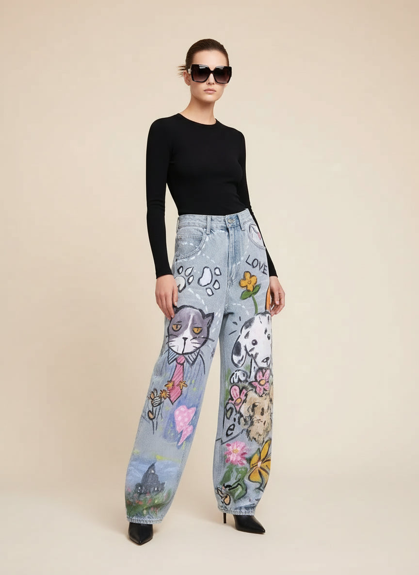 détail des imprimés doodle sur jean straight-cut vintage style Y2K.4