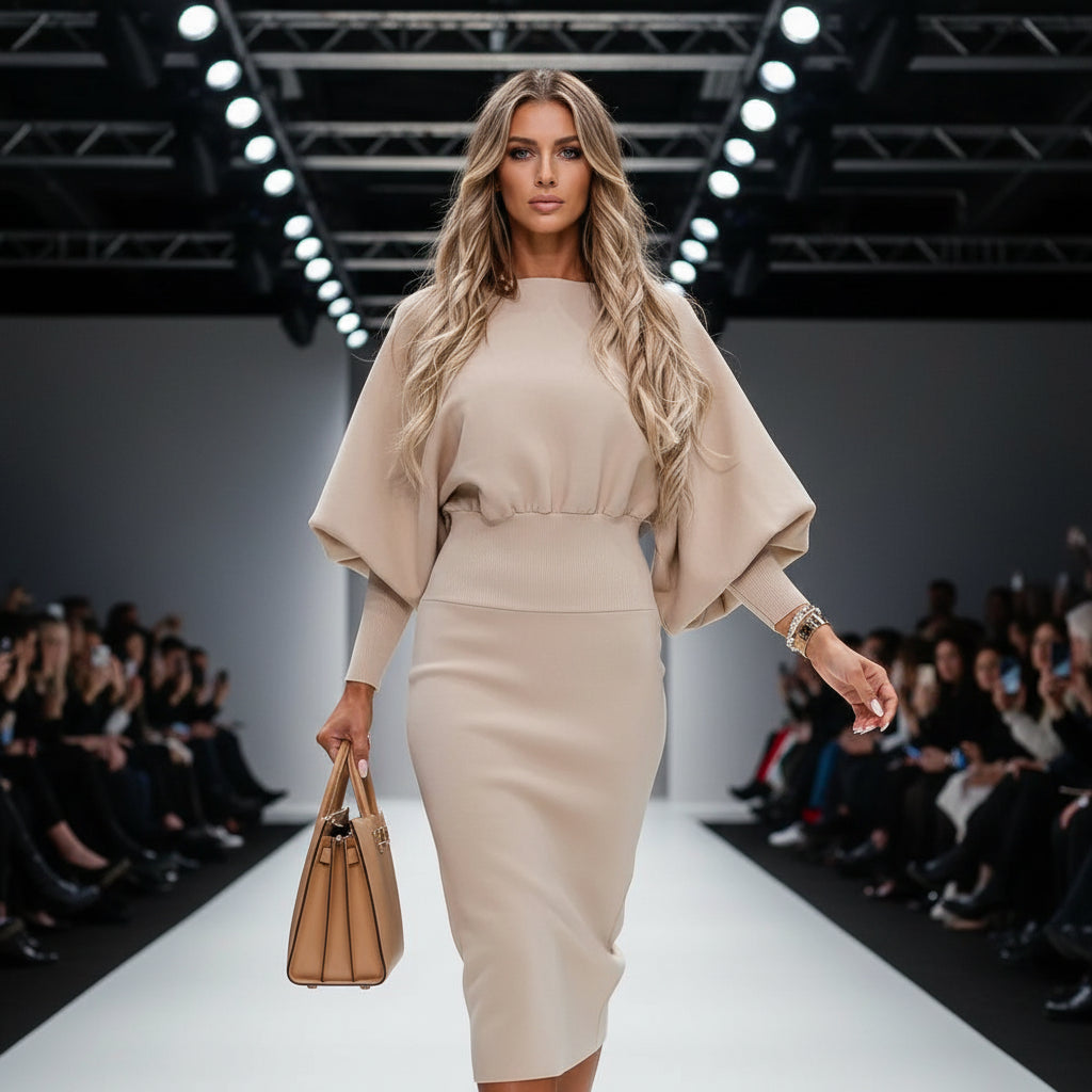 alt_text : robe de bureau femme bodycon unie col rond, texture douce et chaude, style office chic.