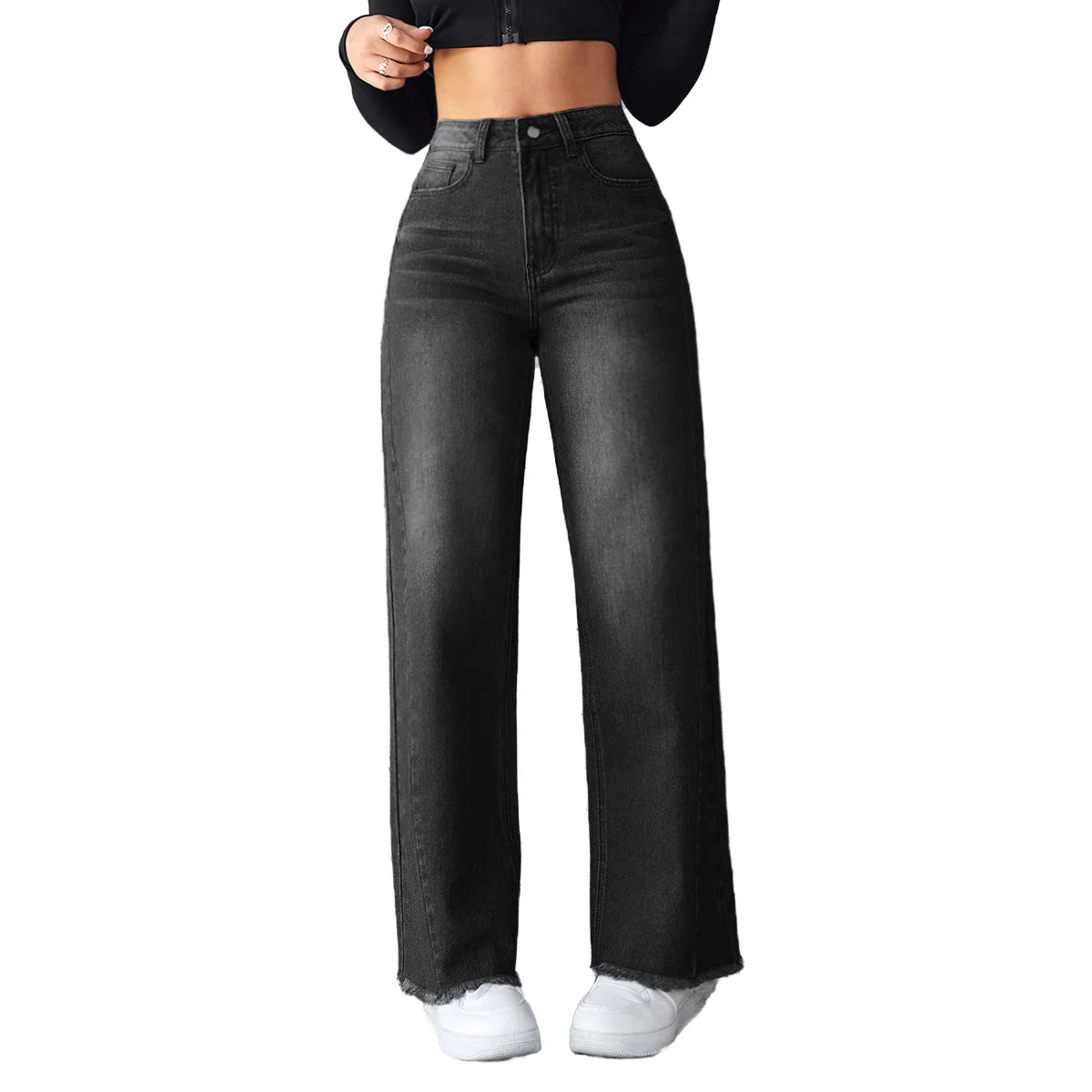 Jean droit femme en denim foncé, coupe loose tendance avec taille haute décorée de boutons, pantalon casual moderne.noir
