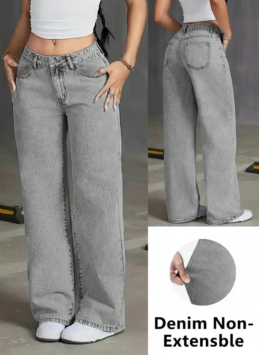 Vue de face du jean large femme gris clair, coupe wide-leg taille haute, style moderne.