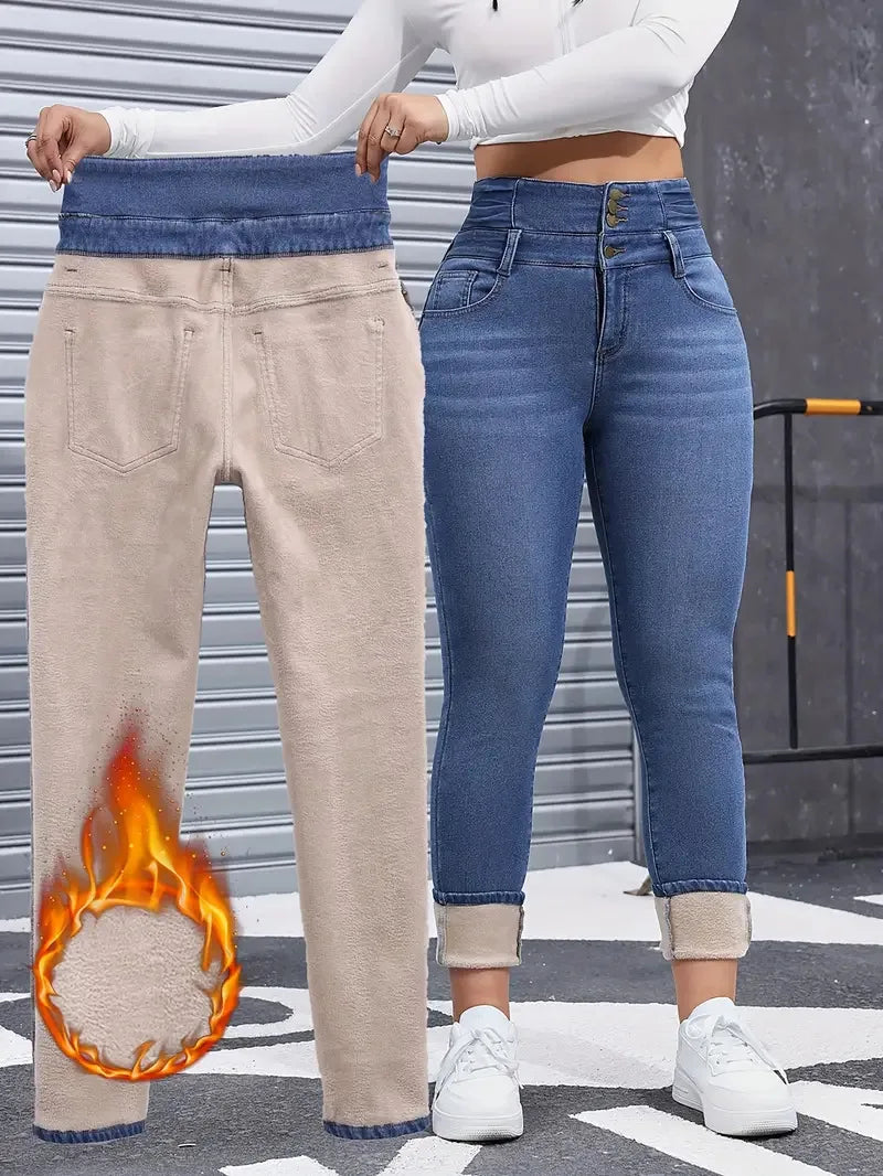 Jean thermique femme en denim épais, coupe slim doublée polaire, haute élasticité et chaleur optimale pour automne et hiver.