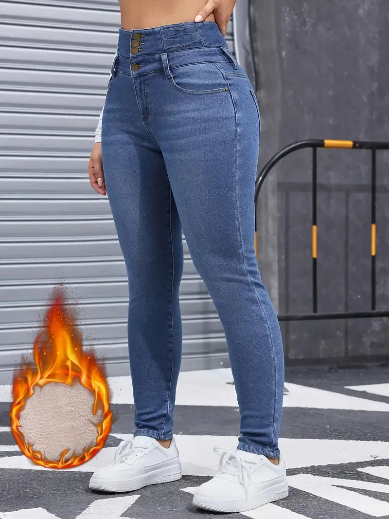 Zoom sur l’élasticité haute du jean thermique slim, design confortable et extensible.