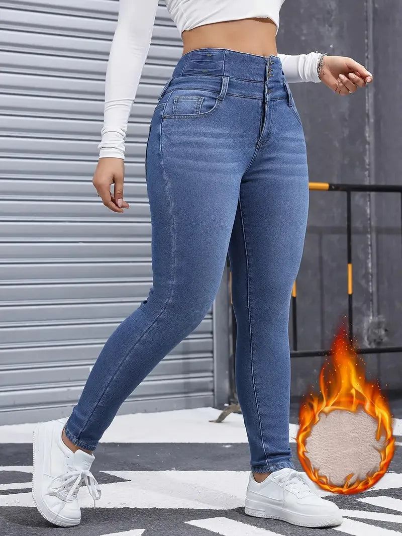 Vue de face du jean thermique femme, denim épais coupe slim et style chaud pour l’hiver.
