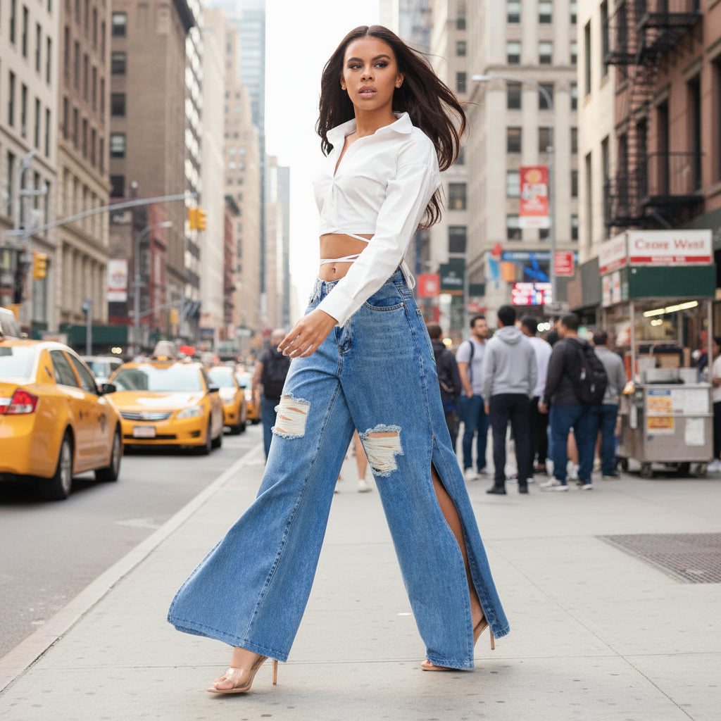 Détail de la coupe ouverte du jean wide leg femme, finition streetwear tendance.