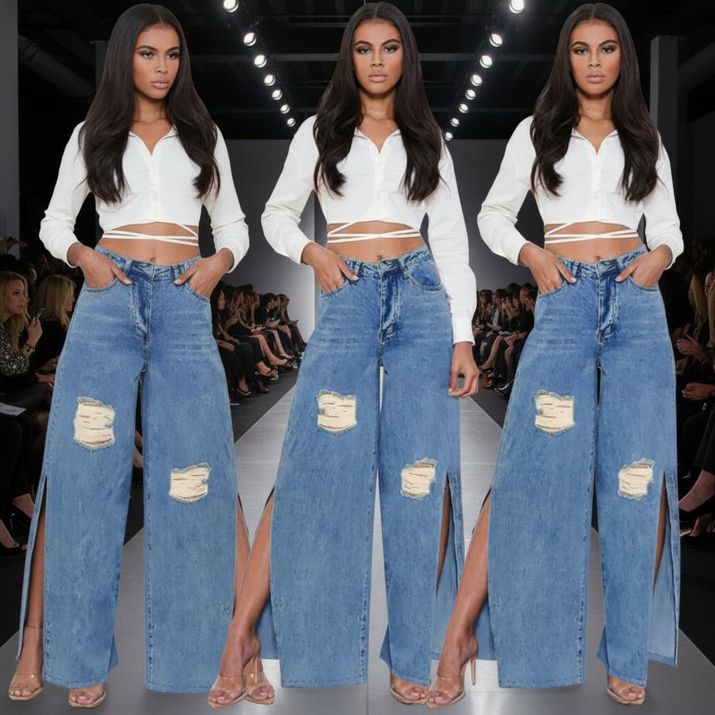 Jean wide leg femme taille haute en denim large, coupe ouverte tendance, style streetwear pour un look urbain moderne.