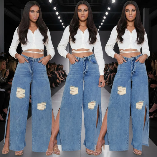 Jean wide leg femme taille haute en denim large, coupe ouverte tendance, style streetwear pour un look urbain moderne.