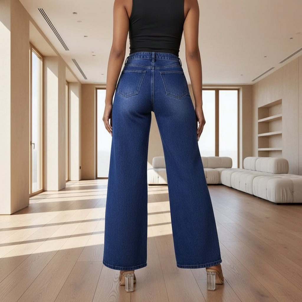 Vue de dos du jean wide leg femme, coupe large et style urbain moderne.