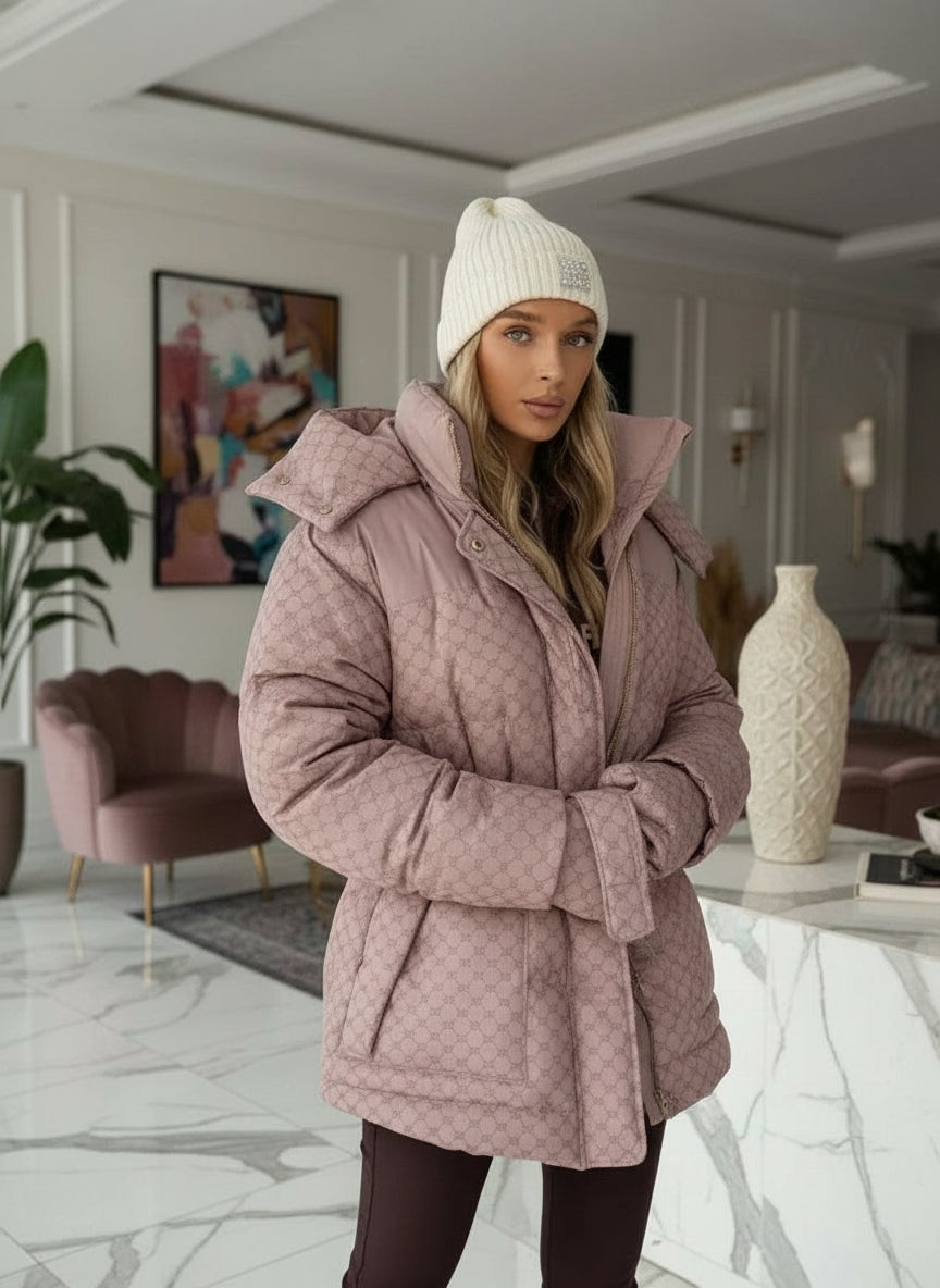 manteau d’hiver femme à capuche, doudoune épaisse imprimée avec fermeture zippée et col montant.