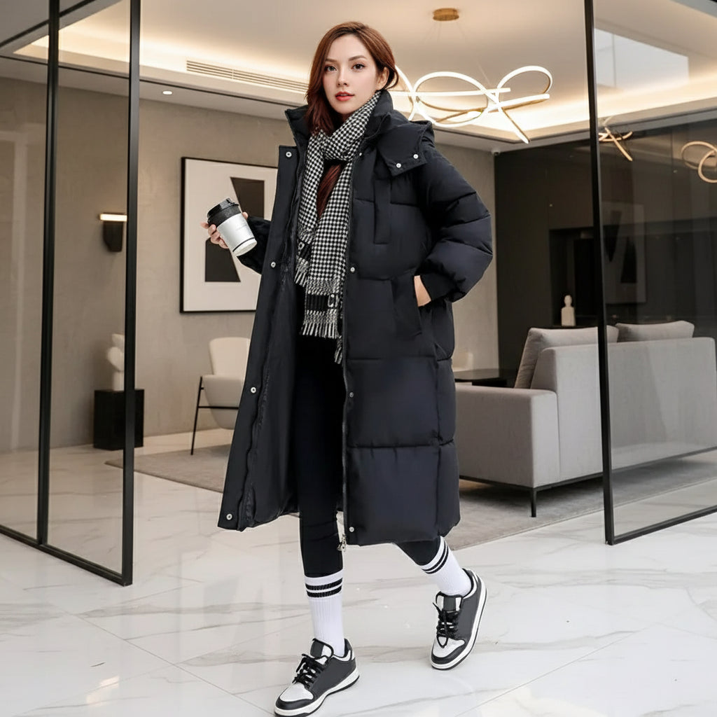 Manteau d’hiver long femme, doudoune épaisse matelassée avec capuche chaude, veste rembourrée en coton pour grand froid.Noir