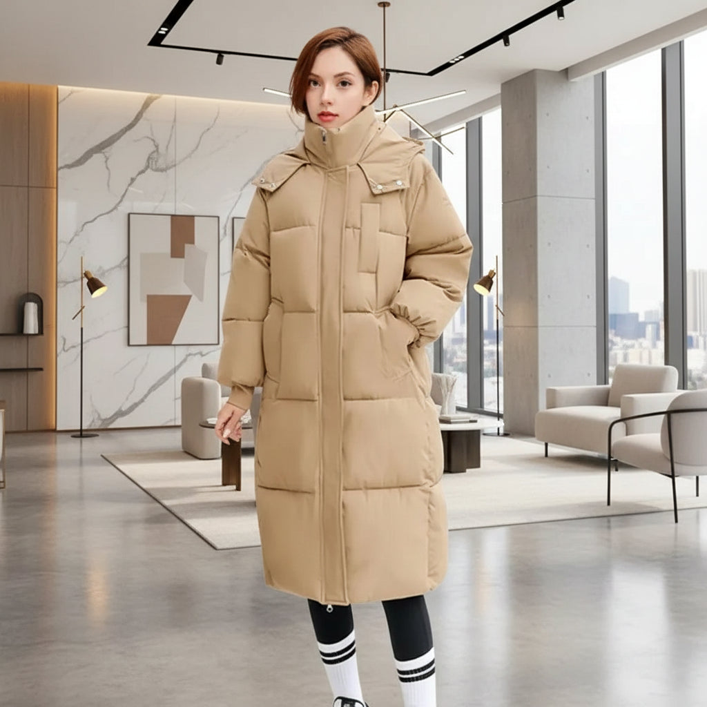 Manteau d’hiver long femme, doudoune épaisse matelassée avec capuche chaude, veste rembourrée en coton pour grand froid.bkhaki
