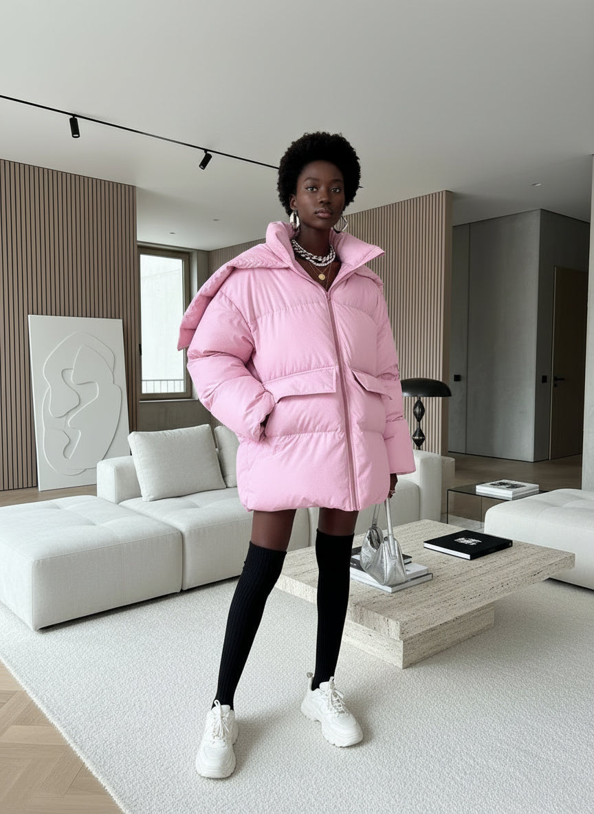 détail du manteau imprimé femme hiver avec col montant et finition soignée.