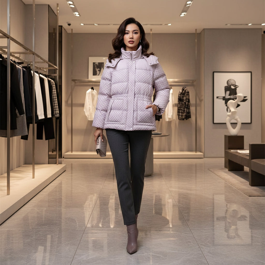 détail du manteau imprimé femme hiver avec col montant et finition soignée.