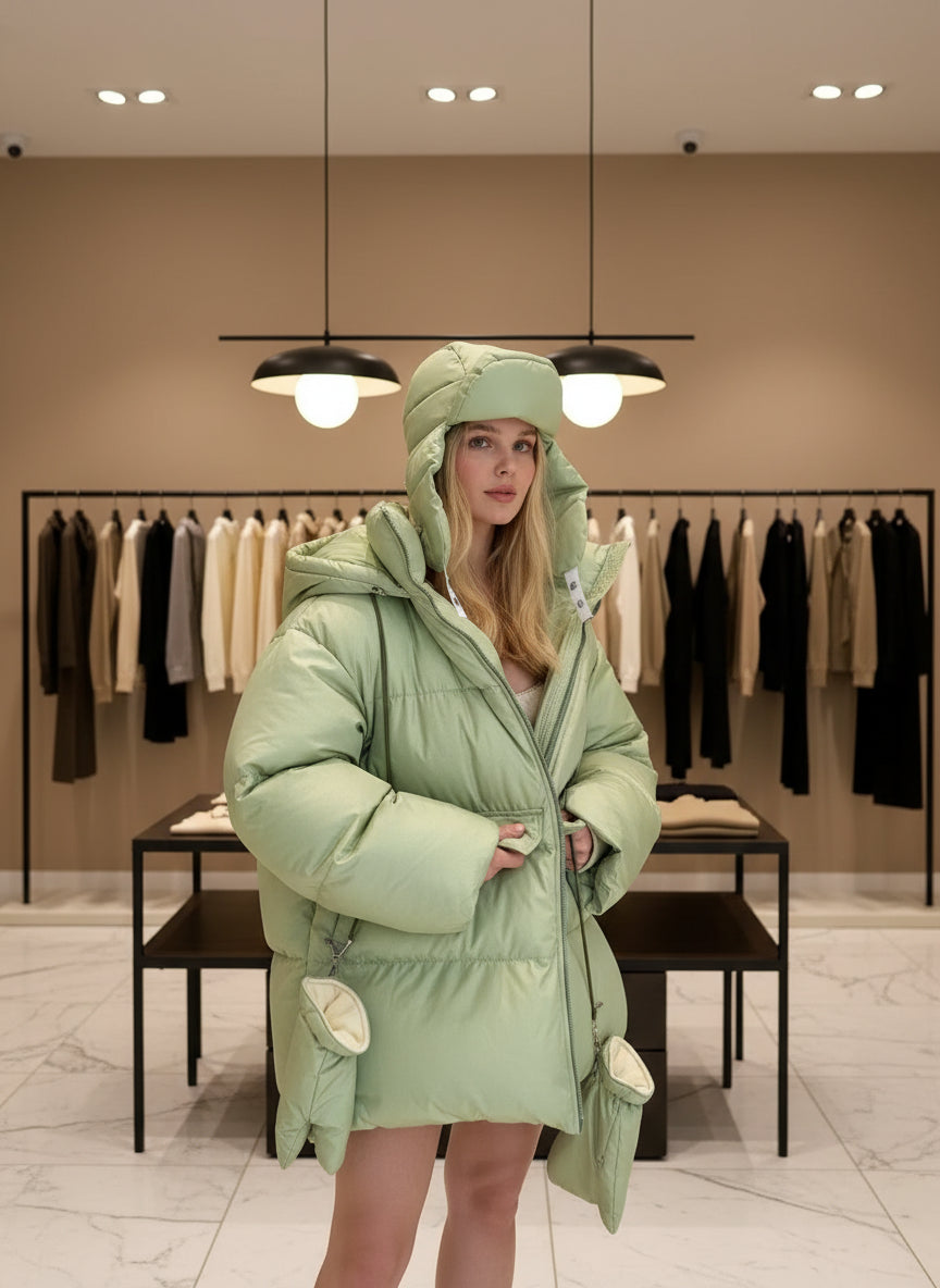 détail du manteau imprimé femme hiver avec col montant et finition soignée.vert