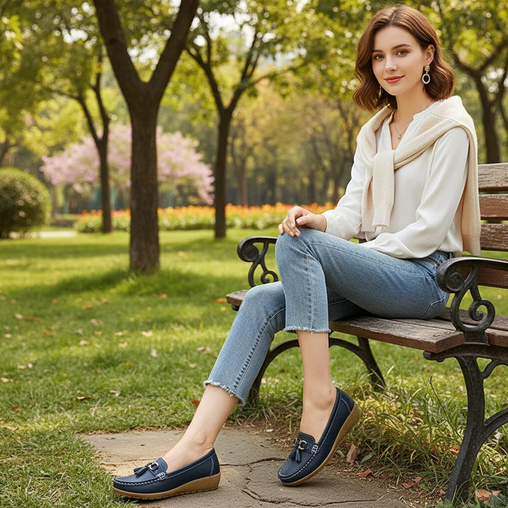 Mocassins femme à enfiler, chaussures plates confortables et antidérapantes, style casual pour un usage quotidien.Bleu foncé