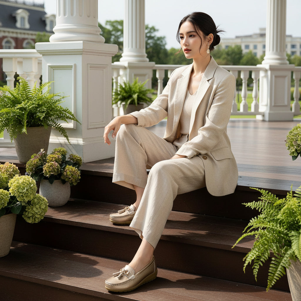 Mocassins femme à enfiler, chaussures plates confortables et antidérapantes, style casual pour un usage quotidien.Or